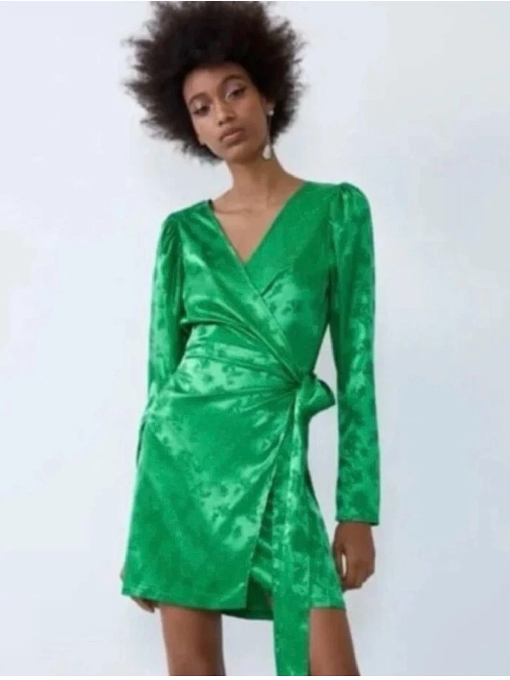 Zara Emerald Green Satin Floral Wrap Dress Robe - Picture 3 of 4